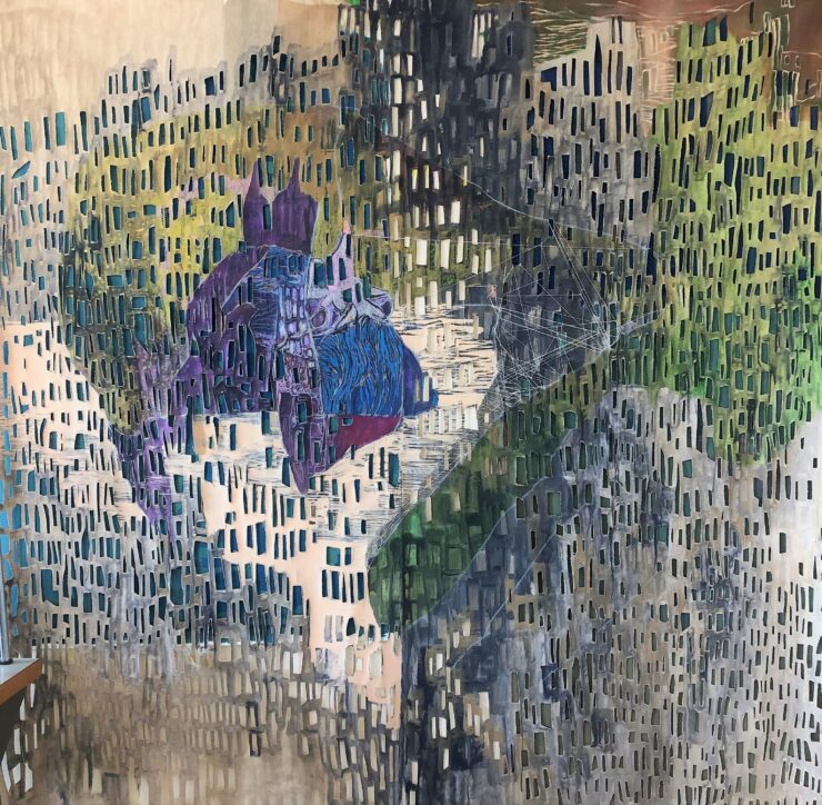 Hoehlenforschung-im-koerper-Leindwand-stickerei-Aquraell-150-x-150-cm-2022