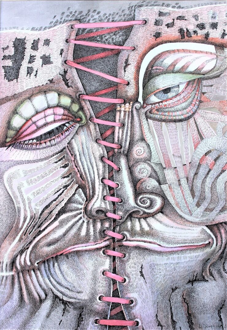 Zeichnung mit zwei verschnürten Gesichtsprofilen