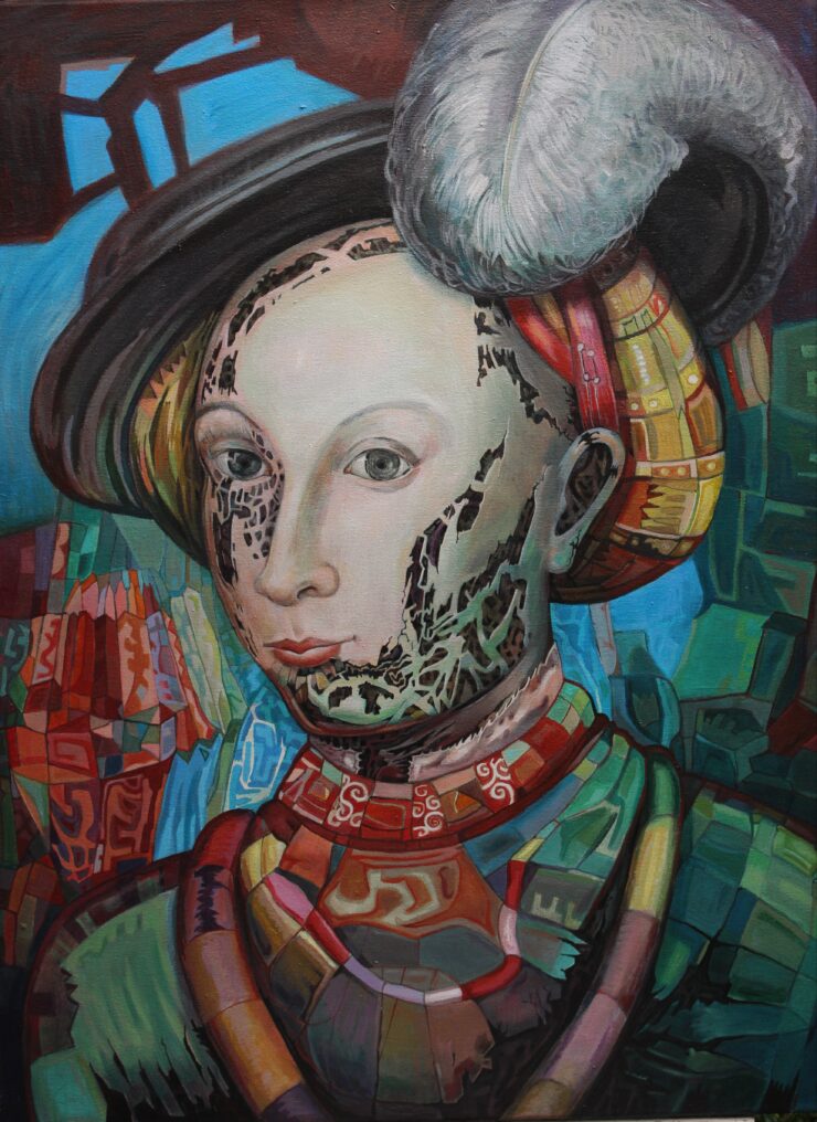 Cranach-Adaption, Brustbild einer Frau mit Hut und Straußenfeder. Die Haut beginnt sich aufzulösen.